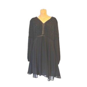 Neeno Women L Black Guipure Lace Insert Lantern Sleeve Chiffon Dress Whimsical
